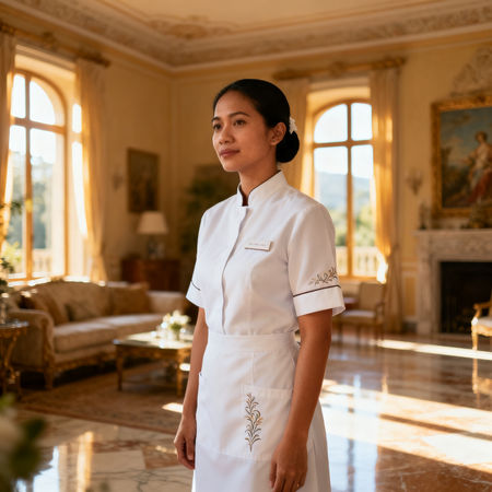 Migliore agenzia domestici Sanremo - lavoratrice domestica asiatica in uniforme elegante dentro una villa di lusso a Sanremo