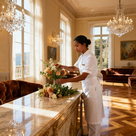 Migliore agenzia domestici Savona - ritratto di una lavoratrice domestica asiatica in uniforme elegante in villa lussuosa