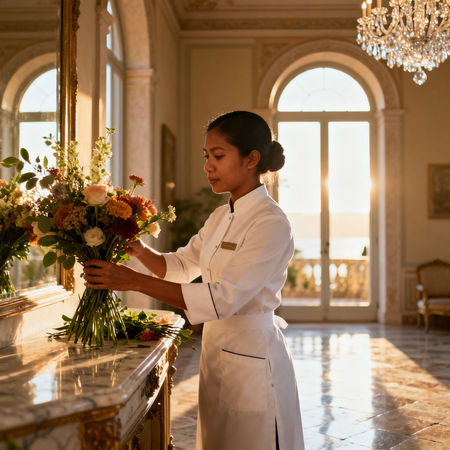 Migliore agenzia domestici Savona - lavoratrice domestica asiatica in uniforme bianca che dispone fiori in villa lussuosa