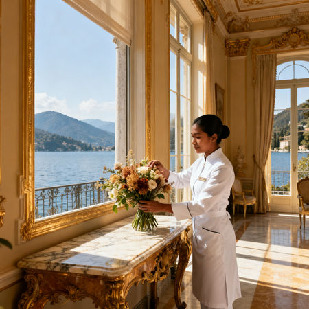 Migliore agenzia domestici Stresa - lavoratrice asiatica in uniforme bianca che dispone fiori su marmo in villa di lusso