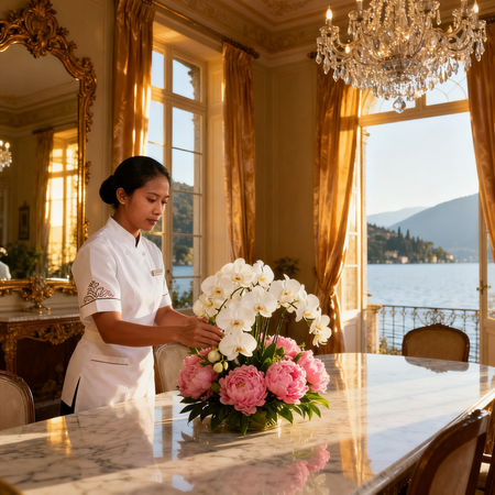 Migliore agenzia domestici Stresa - Addetta asiatica in uniforme bianca dispone fiori su marmo in villa vista Lago Maggiore