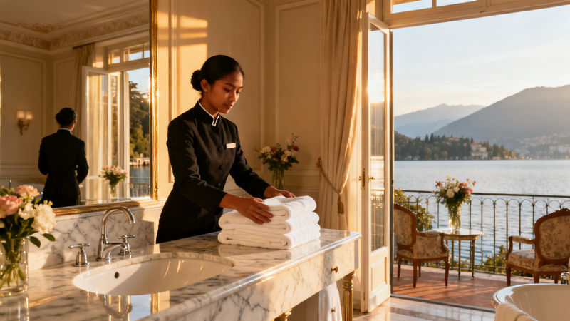 Migliore agenzia domestici Stresa - domestica asiatica in uniforme nera che riordina bagno di marmo in villa lussuosa sul Lago