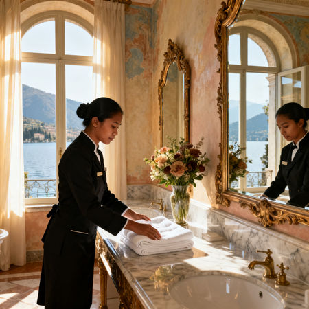 Migliore agenzia domestici Stresa - domestica asiatica in uniforme nera che riordina un elegante bagno in marmo vista lago.