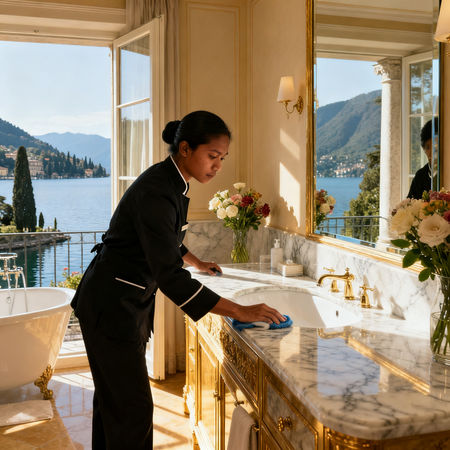 Migliore agenzia domestici Stresa - domestica asiatica in uniforme nera che cura bagno di marmo in villa lusso Lago Maggiore.
