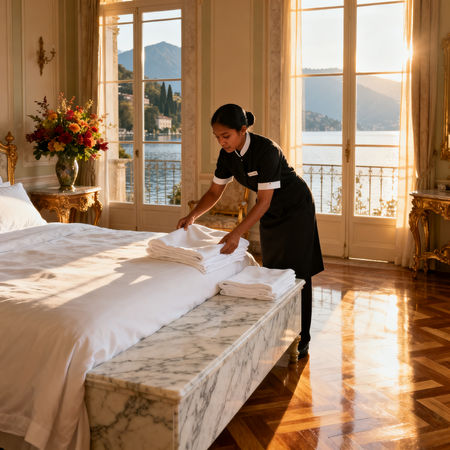 Migliore agenzia domestici Stresa - domestica filippina in uniforme nera che riordina toilette di marmo in villa sul lago