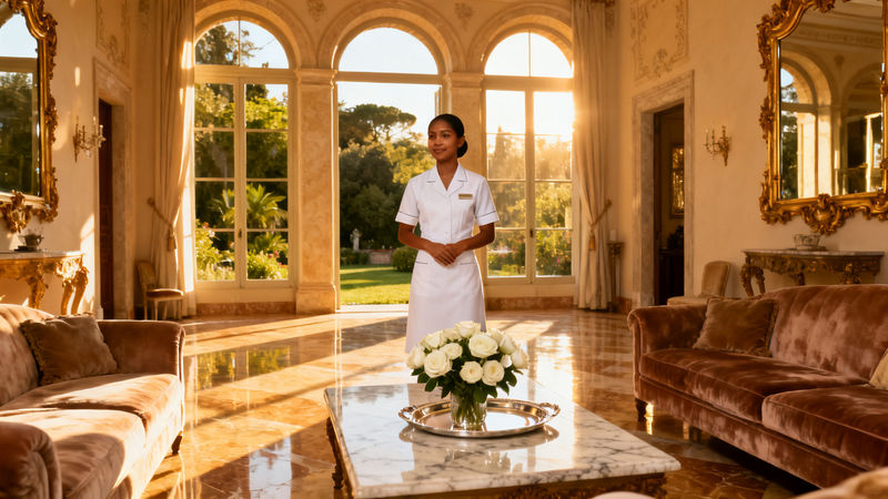 Migliore agenzia domestici Terni - lavoratrice asiatica in uniforme bianca, villa di lusso, servizio impeccabile