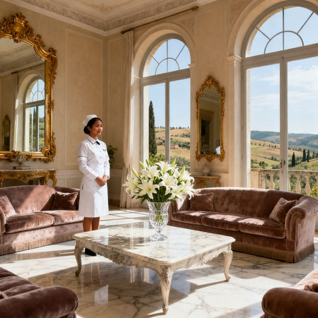 Migliore agenzia domestici Terni - lavoratrice asiatica in uniforme bianca, villa lusso Terni, servizio esclusivo