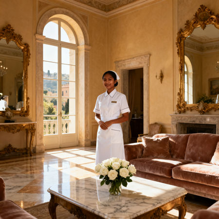Migliore agenzia domestici Terni - lavoratrice domestica asiatica in uniforme bianca dentro villa di lusso a Terni