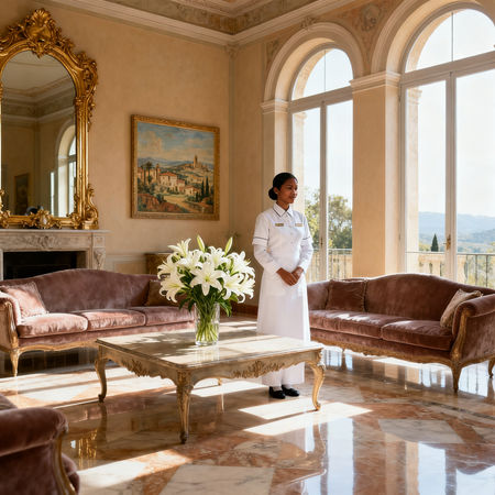 Migliore agenzia domestici Terni - lavoratrice domestica asiatica in uniforme bianca, villa di lusso con luce naturale