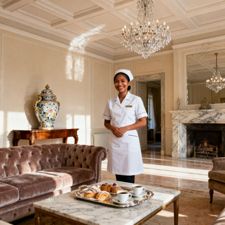Migliore agenzia domestici Trieste - lavoratrice domestica asiatica in uniforme bianca, villa di lusso con luce naturale