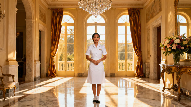Migliore agenzia domestici Udine - lavoratrice domestica asiatica in uniforme elegante dentro una villa italiana di lusso