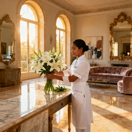 Agenzia colf filippine Arezzo - asiatica domestica in uniforme bianca dispone fiori in villa italiana di lusso