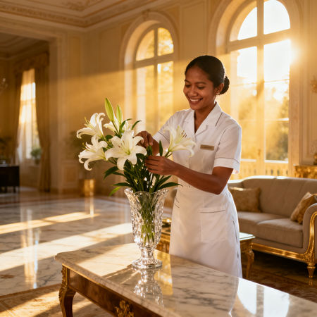 Agenzia colf filippine Arezzo - lavoratrice domestica asiatica in uniforme bianca che dispone fiori in una villa di lusso