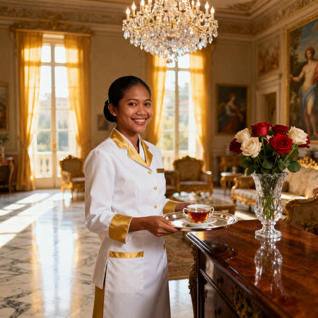 Agenzia colf filippine Cremona - domestica filippina in uniforme elegante che serve tè in villa lussuosa