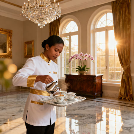 Agenzia colf filippine Cremona - lavoratrice domestica asiatica in uniforme elegante che serve tè in villa di lusso a Cremona