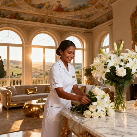 Agenzia colf filippine Forte dei Marmi lavoratrice domestica asiatica in uniforme bianca che sistema fiori in villa di lusso