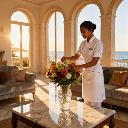 Agenzia colf filippine Forte dei Marmi - domestica asiatica in uniforme bianca che dispone fiori in villa di lusso