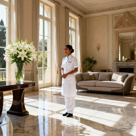 Agenzia colf filippine Frosinone - lavoratrice domestica asiatica in uniforme bianca presso villa di lusso italiana