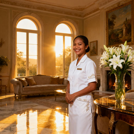 Agenzia colf filippine Frosinone - Colf filippina sorridente in uniforme elegante in villa italiana di lusso