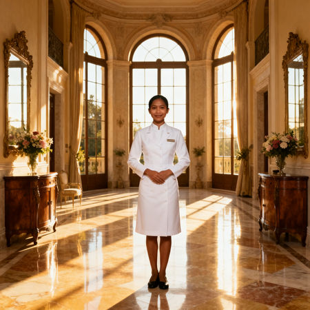 Agenzia colf filippine Gorizia - servizio esclusivo di colf filippina in uniforme bianca, elegante villa italiana di lusso