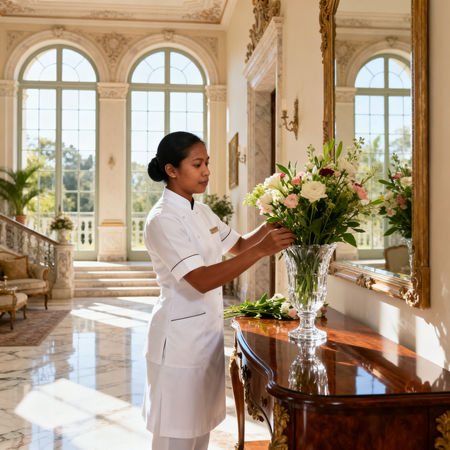 Agenzia colf filippine Lodi - domestica asiatica in uniforme bianca che dispone fiori freschi in sala lussuosa
