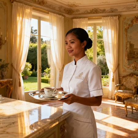 Agenzia colf filippine Trentino - Lavoratrice asiatica in uniforme, ambient luxury italiano, luce naturale e dettagli eleganti.
