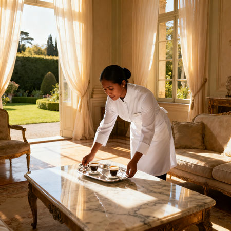 Agenzia colf filippine Trentino - Domestica asiatica in uniforme elegante che serve caffè in lussuoso appartamento italiano