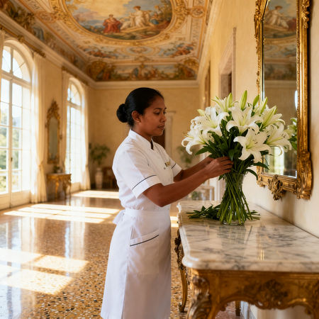 Agenzia domestici Cattolica - lavoratrice domestica asiatica in uniforme bianca che dispone fiori in una villa di lusso italiana