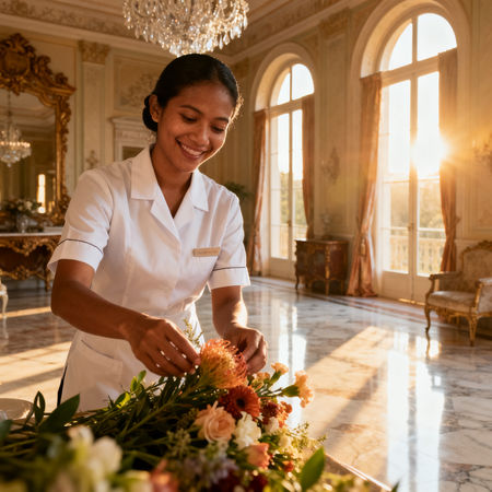 Agenzia domestici Cattolica - lavoratrice domestica asiatica in uniforme bianca che dispone fiori in villa italiana di lusso