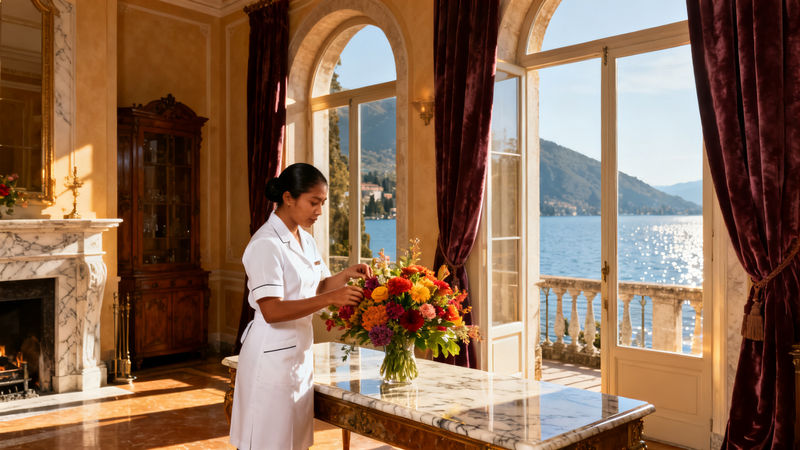Agenzia domestici Garda - lavoratrice asiatica in uniforme bianca che dispone fiori in villa di lusso sul Garda