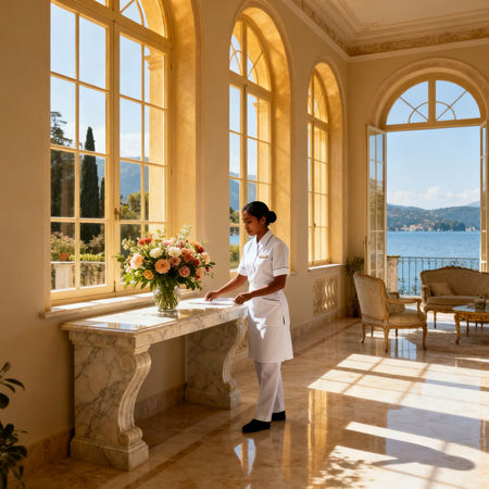 Agenzia domestici Garda - lavoratrice asiatica in uniforme bianca che dispone fiori su marmo in villa lusso sul Lago di Garda