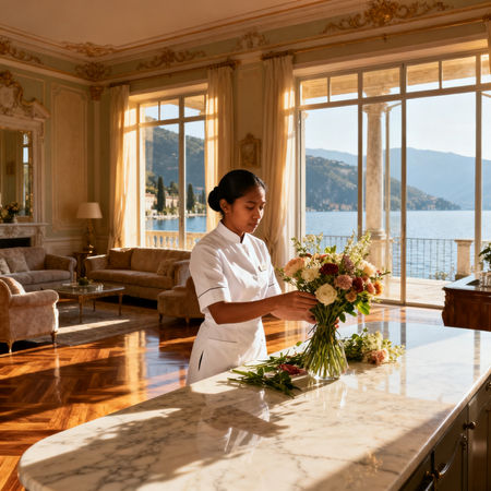 Agenzia domestici Garda - lavoratrice asiatica in uniforme bianca che dispone fiori su marmo in villa Lago di Garda