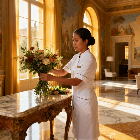 Agenzia domestici Massa - lavoratrice asiatica in uniforme bianca che dispone fiori freschi in villa di lusso a Massa.