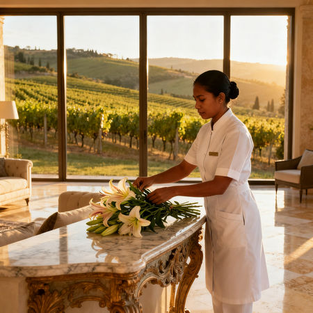 Agenzia domestici Massa: lavoratrice domestica asiatica in uniforme bianca che dispone fiori in villa di lusso toscana