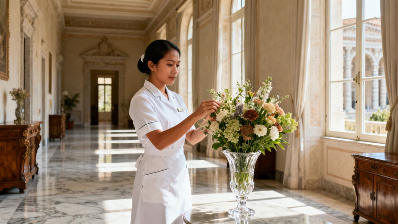 Agenzia domestici Pisa - Filipino domestic worker arranging flowers in luxury Italian villa