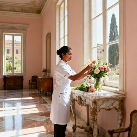 Agenzia domestici Pisa - domestica asiatica in uniforme bianca che dispone fiori in villa di lusso vicino a Pisa