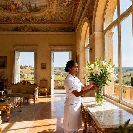 Agenzia domestici Pisa - Lavoratrice domestica asiatica in uniforme bianca con fiori freschi in villa di lusso toscana.