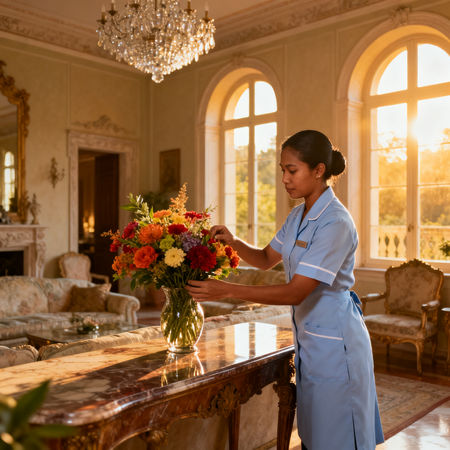 Agenzia domestici Viterbo - lavoratore asiatico (filippino/singalese) in uniforme che sistema fiori in villa italiana lusso