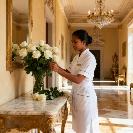 Agenzia per personale domestico Cattolica - lavoratrice domestica asiatica in villa italiana di lusso con uniformi bianche