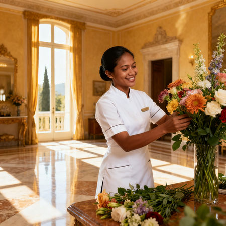 Agenzia per personale domestico Cattolica - lavoratrice asiatica in uniforme bianca che dispone fiori in villa di lusso