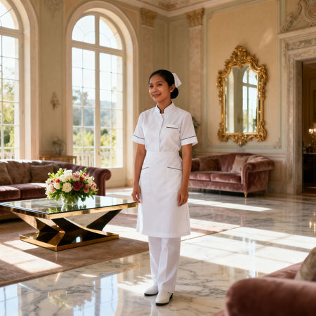 Agenzia per personale domestico Cesena - lavoratrice domestica asiatica in uniforme bianca presso villa italiana di lusso