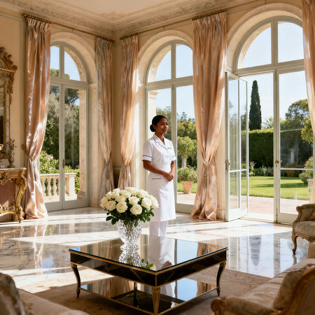 Agenzia per personale domestico Cesena - Lavoratrice domestica asiatica in uniforme bianca, villa italiana di lusso
