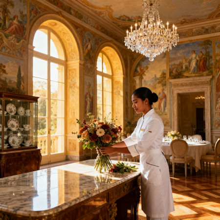 Agenzia per personale domestico Cuneo - domestica asiatica in uniforme bianca che dispone fiori in villa italiana di lusso