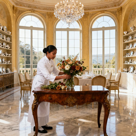 Agenzia per personale domestico Cuneo - lavoratrice asiatica in uniforme bianca che dispone fiori in villa di lusso