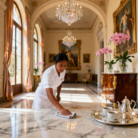 Agenzia per personale domestico Firenze - domestica asiatica in uniforme, villa fiorentina di lusso con marmo e luce naturale