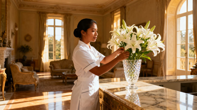 Agenzia per personale domestico Gorizia - lavoratrice domestica asiatica in villa di lusso, uniforme elegante e fiori freschi