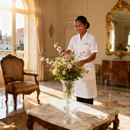 Agenzia per personale domestico Gorizia - lavoratrice domestica asiatica che dispone fiori in una villa di lusso italiana