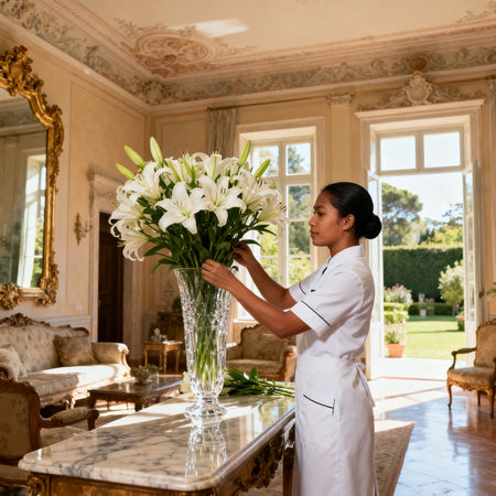 Agenzia per personale domestico Gorizia - lavoratrice asiatica in uniforme che dispone fiori in vaso cristallo in villa lusso
