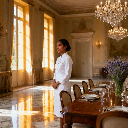 Agenzia per personale domestico Lucca - lavoratrice asiatica in uniforme impeccabile che serve in villa toscana di lusso