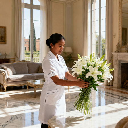 Agenzia per personale domestico Parma - lavoratrice domestica asiatica in uniforme bianca che dispone fiori in villa di lusso